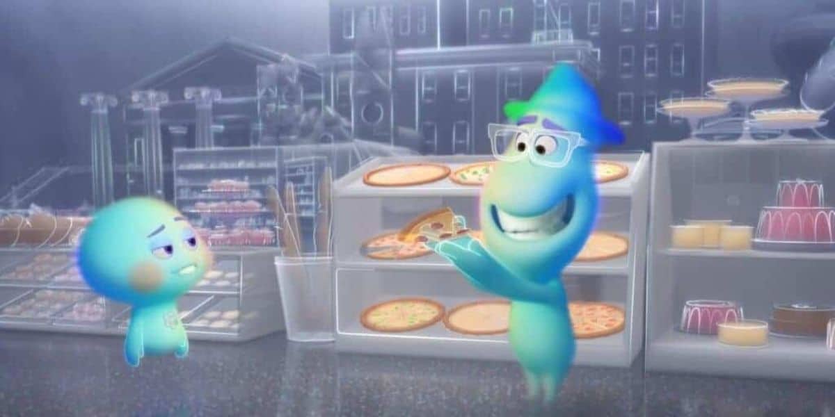 Two animated spirit characters are in a light-filled room with shelves of pizza. One character, wearing a hat and glasses, smiles while holding a slice of pizza. The other character looks on with a neutral expression.