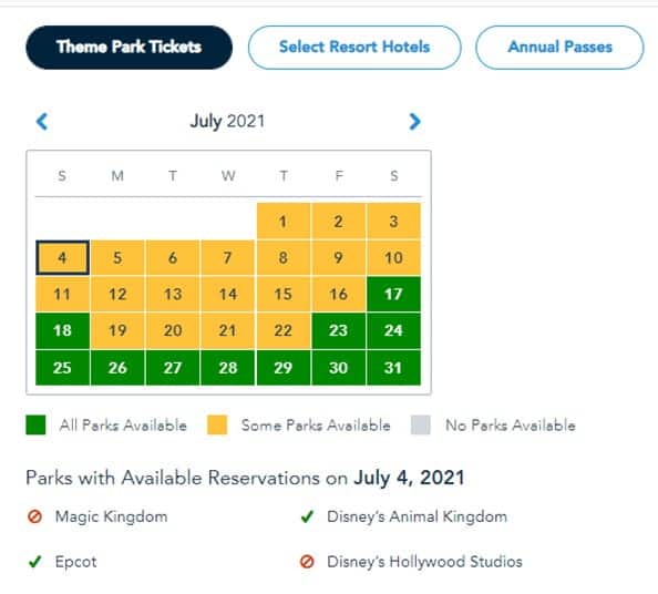 July 2021 Disney parks availability calendar showing Magic Kingdom fully booked for the Fourth of July, while other parks like EPCOT and Hollywood Studios are marked as available or sold out on different dates.