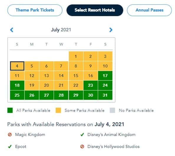 Park reservation calendar for July 2021 shows high demand; on July 4th, Magic Kingdom has reached full capacity, leaving Animal Kingdom as the only available option for booking.