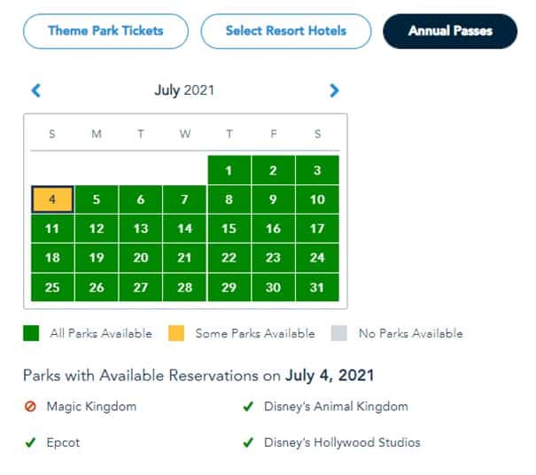 The July 2021 calendar highlights full reservation availability across Disney parks, except for the Fourth of July, where reservations are completely booked. Popular spots like Magic Kingdom are close to reaching capacity on several days throughout the month.