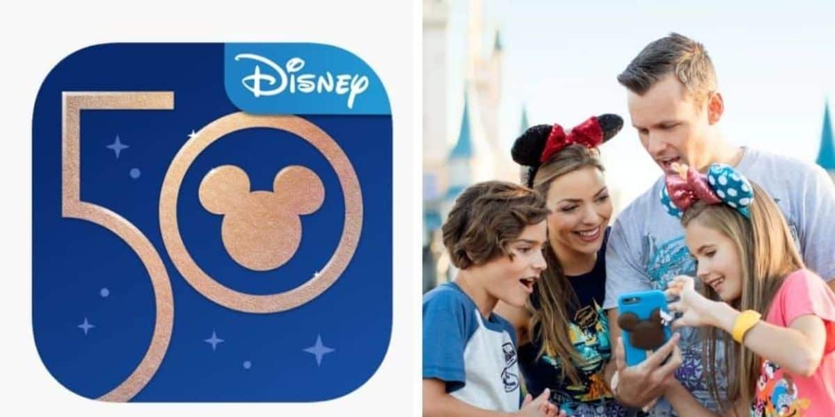 The image is split in two. The left side shows a blue Disney 50th anniversary logo with a gold Mickey Mouse head. The right side shows a family of four, smiling and gathered around a smartphone, all wearing casual clothes and some with Mickey ears.