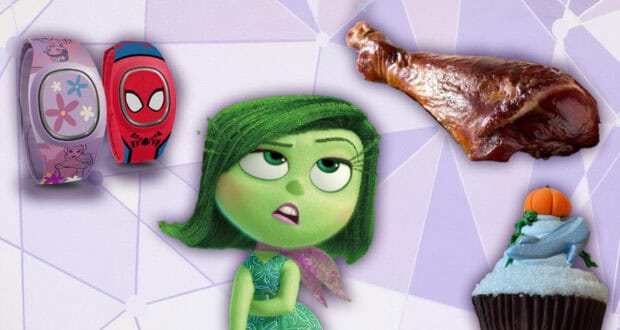 A collage inspired by Unpopular Disney World Opinions features a cartoon girl with green skin and hair, two colorful wristbands, a roasted turkey leg, and a blue cupcake topped with an orange pumpkin, all set against a purple geometric background.