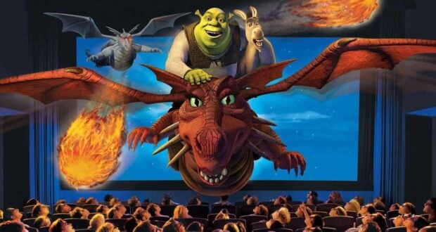 Shrek and Donkey fly over a crowd on the back of Dragon