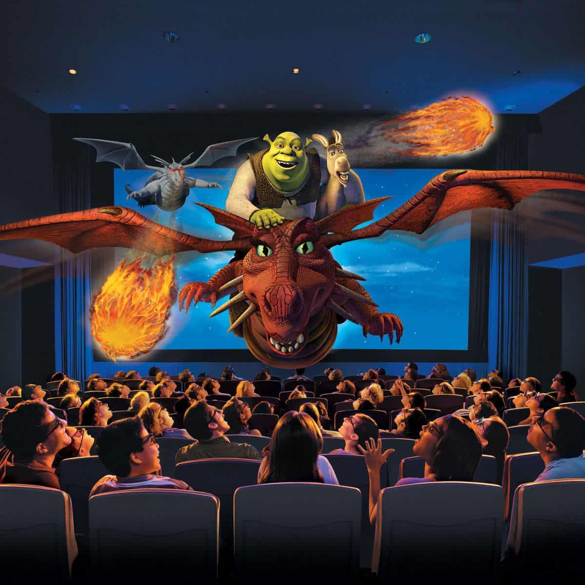 Shrek and Donkey fly over a crowd on the back of Dragon