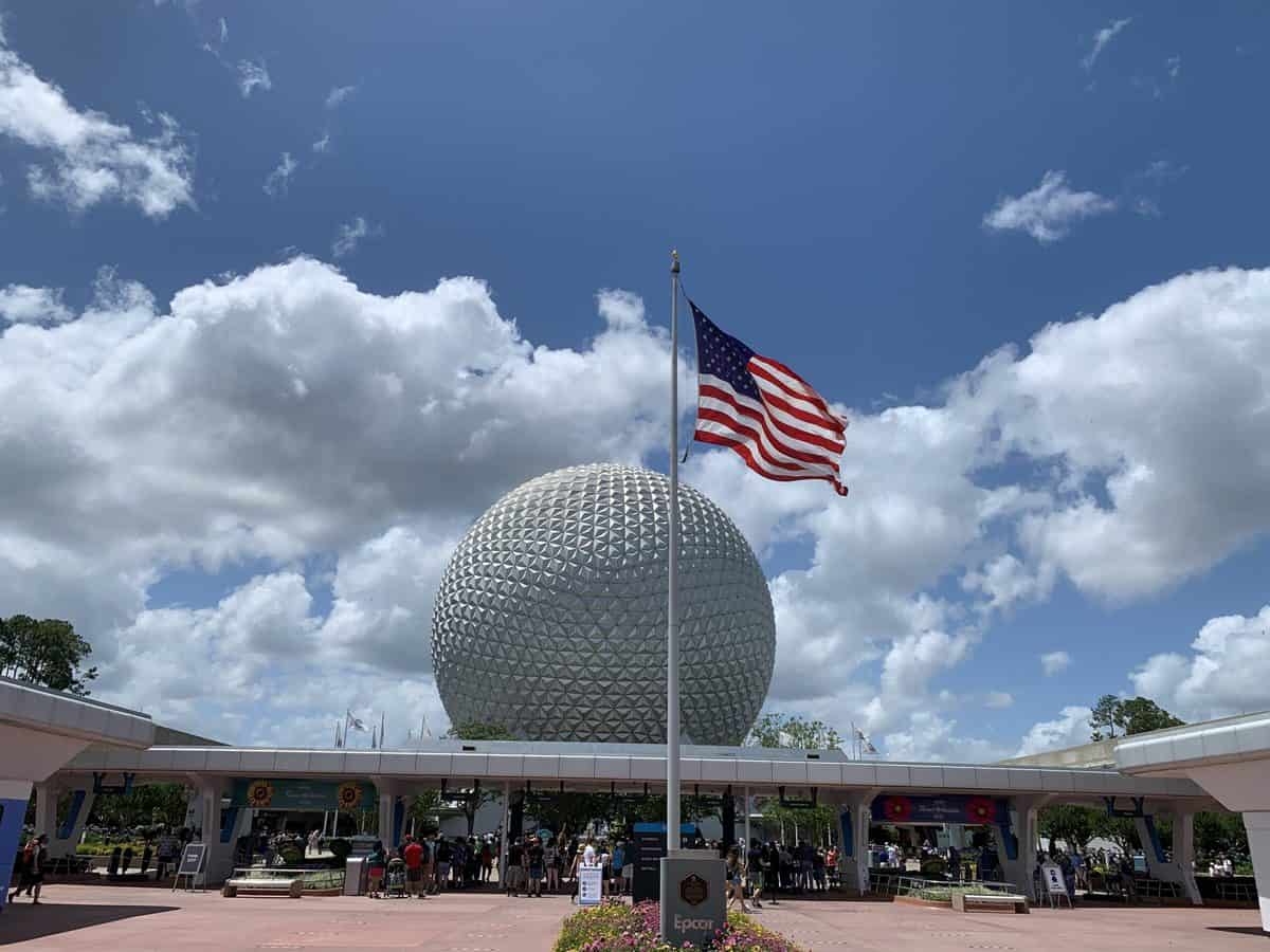 An American flag at the entrance to EPCOT 
