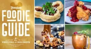 Collage of holiday-themed food items: puff pastries with greens, chicken wings with cranberries, a snack mix of pretzels and nuts, and a copper mug with a rosemary sprig. Text reads "Disneyland Foodie Guide Festival of Holidays.