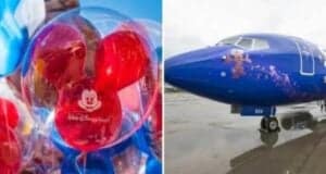 Left side: Close-up of colorful Mickey Mouse balloons with a red Mickey balloon inside a transparent one. "Walt Disney World" and Mickey's face are printed on it. Right side: Airplane painted blue with Disney designs, including Mickey Mouse, near an airport runway — it's like flying with a Disney balloon.