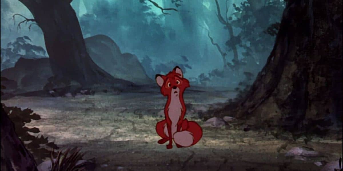 In a dimly lit forest reminiscent of the saddest Disney movies, a small cartoon fox with a red and white coat sits, looking upwards with a curious expression. Tall trees surround the fox, and dappled light filters through the canopy, casting shadows on the ground.