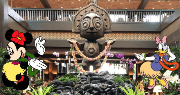 In a Polynesian Village-themed hotel lobby, a large wooden tiki statue adorned with flower garlands stands prominently. Cartoon characters, one with a red bow and another with a pink bow, pose on either side amid lush tropical plants, adding charm reminiscent of Disney Resorts' Magic Kingdom Area.