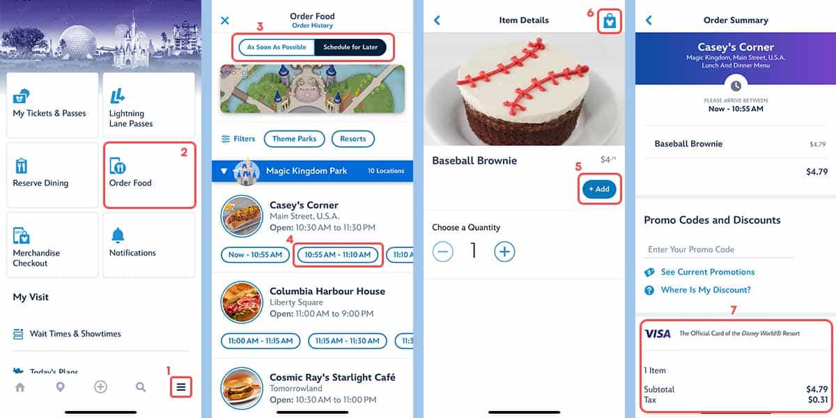 Four phone screens display Disney World Mobile Ordering: selecting "Order Food," choosing a restaurant, adding a baseball brownie to the cart, and reviewing the order summary with payment details.