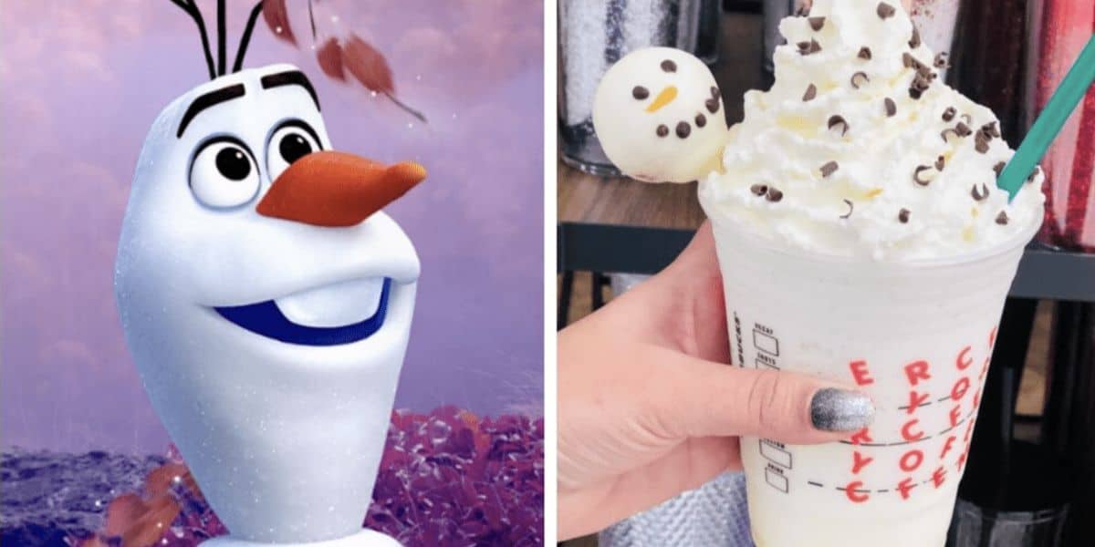 Left side: A Disney-inspired animated snowman with a carrot nose smiling against a purple backdrop. Right side: A hand holding a whipped cream-topped Starbucks drink with chocolate chips and a snowman-shaped decoration, like something off their secret menu, perched on the straw.
