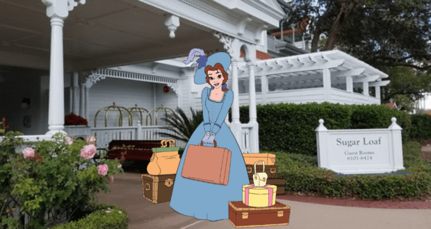 A cartoon woman in a blue dress and hat stands on a path, carrying a large suitcase. She is surrounded by several pieces of luggage, reminiscent of a journey to Walt Disney World. The background features a white building with a sign reading "Sugar Loaf Guest Rooms 6107-6124.