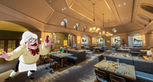 A spacious restaurant with high ceilings and elegant lighting evokes the charm of Disney Dining. Several patrons are savoring their meals at tables while an animated chef character joyfully holds a pizza slice in the foreground, capturing the whimsical spirit reminiscent of Disney's Yacht Club.