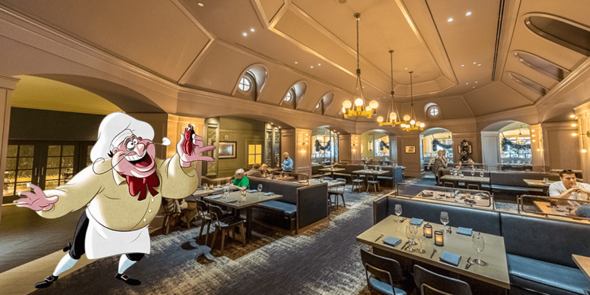 A spacious restaurant with high ceilings and elegant lighting evokes the charm of Disney Dining. Several patrons are savoring their meals at tables while an animated chef character joyfully holds a pizza slice in the foreground, capturing the whimsical spirit reminiscent of Disney's Yacht Club.