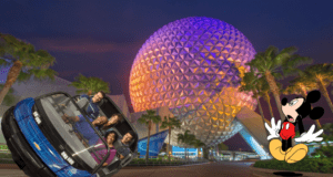 Spaceship Earth with Mickey and Test Track cars