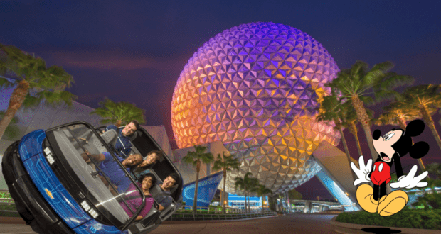 Spaceship Earth with Mickey and Test Track cars