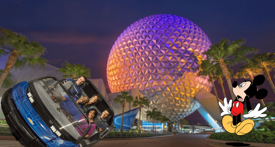 Spaceship Earth with Mickey and Test Track cars