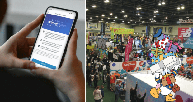 A guest checks their runDisney virtual queue on the app, while nearby at the bustling expo, Donald Duck juggles a stack of bags and boxes amidst the excitement.