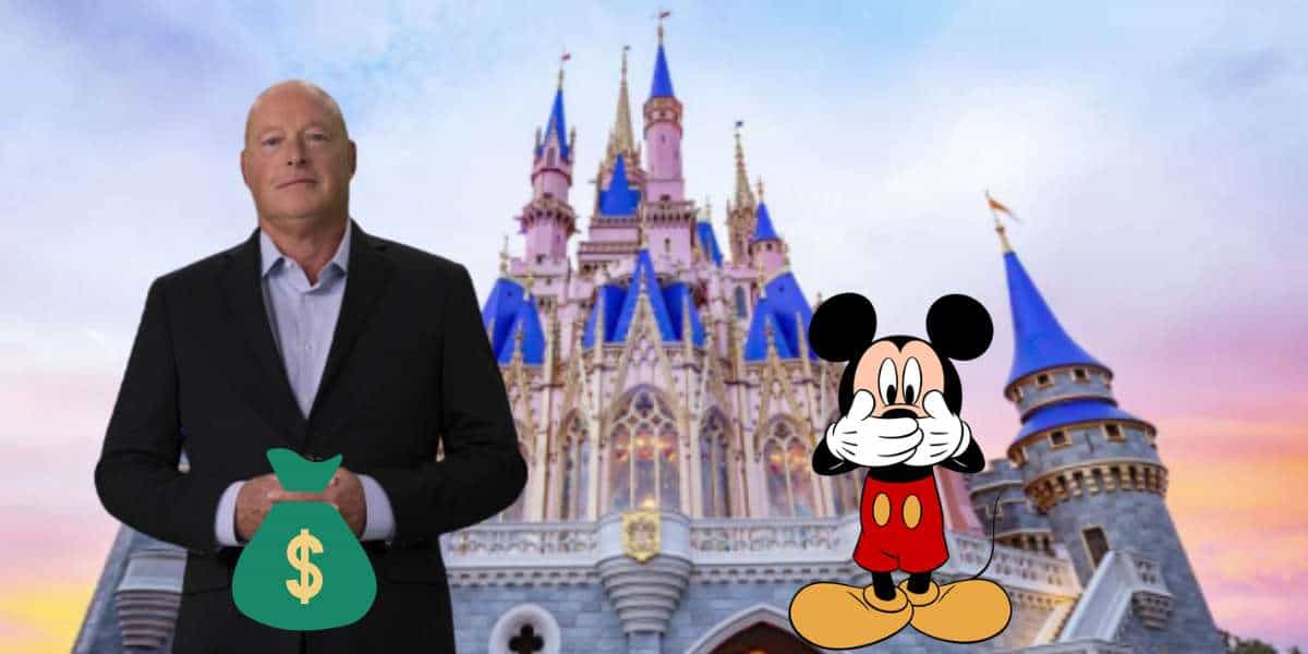 Bob Chapek in front of Cinderella Castle with Mickey holding his mouth.