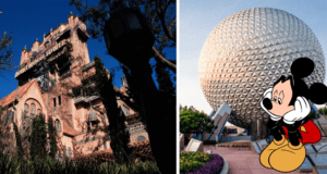 mickey looking sad in front of spaceship earth and the tower of terror