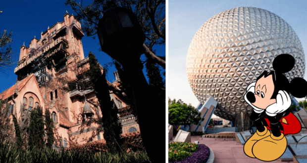 mickey looking sad in front of spaceship earth and the tower of terror