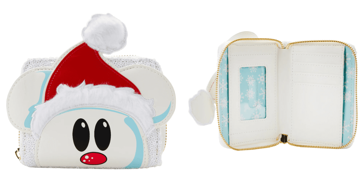 front and back view of loungefly mickey mouse sequin snowman zip around wallet