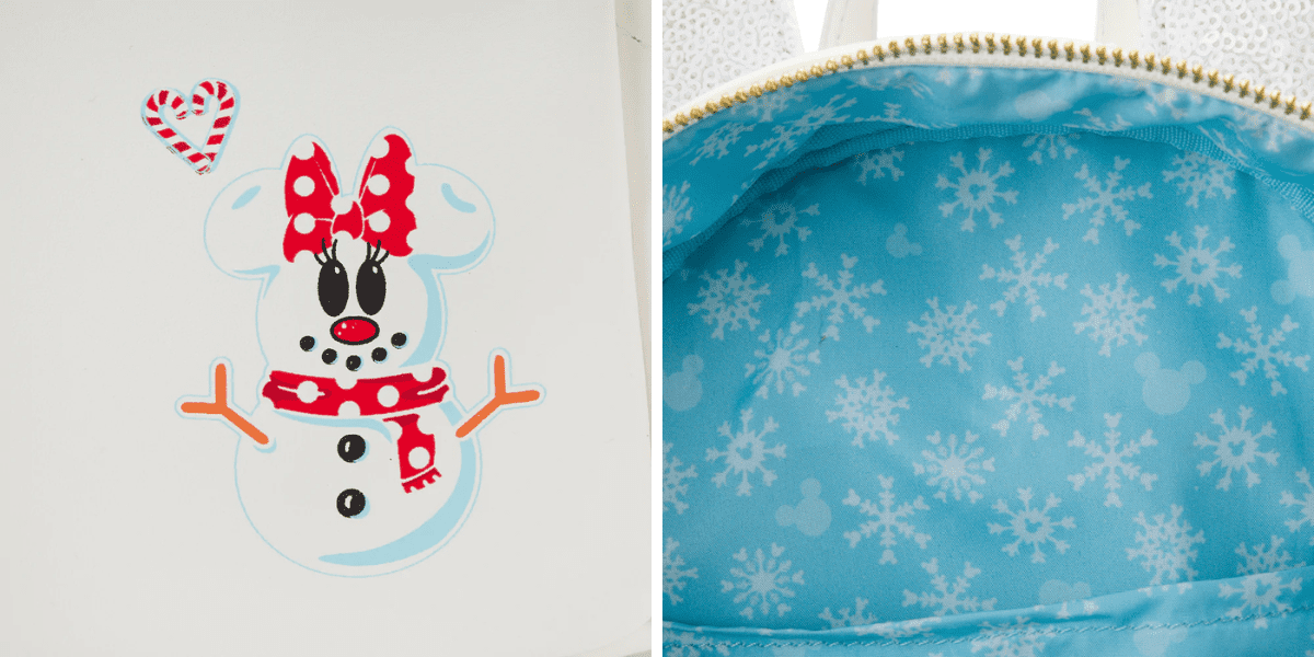 loungefly mickey mouse sequin snowman details, minnie mouse on the back, inner lining
