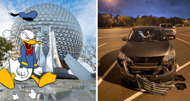 featured image, angry donald, epcot, wrecked car