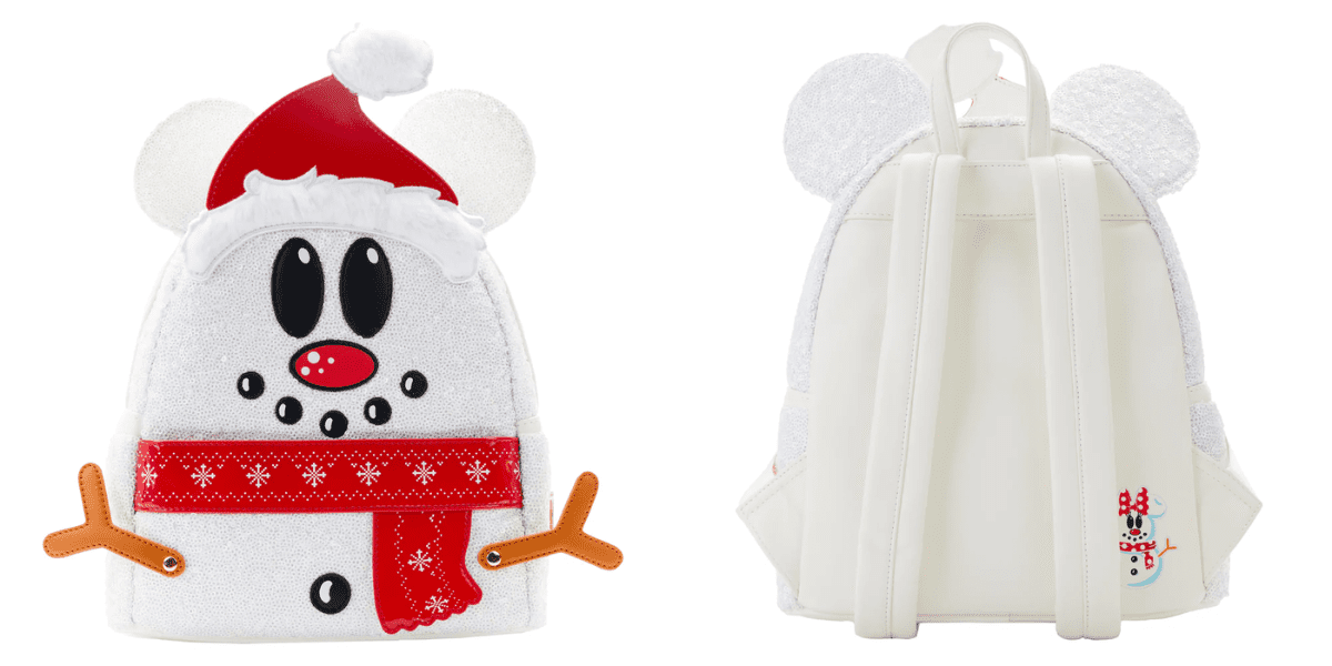 front and back view of mickey mouse sequin snowman loungefly backpack