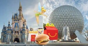 A digitally combined image featuring a fairy in flight between a fairytale castle and a futuristic geodesic sphere. Below, Disney Happy Meal Toys, including fries and a burger, are nestled next to a red box with a yellow 'M'.