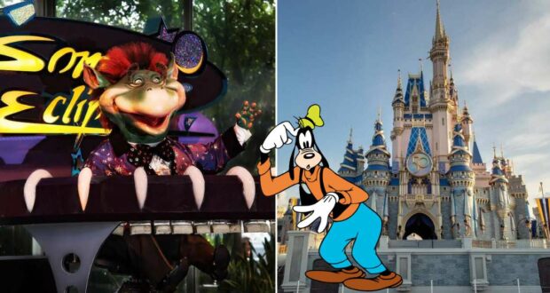 Left side: An animatronic alien named Sonny Eclipse dazzles at a piano in a vibrant outfit. Right side: A cartoon dog character, sporting an orange hat, stands before a majestic fairytale castle under the clear blue sky.