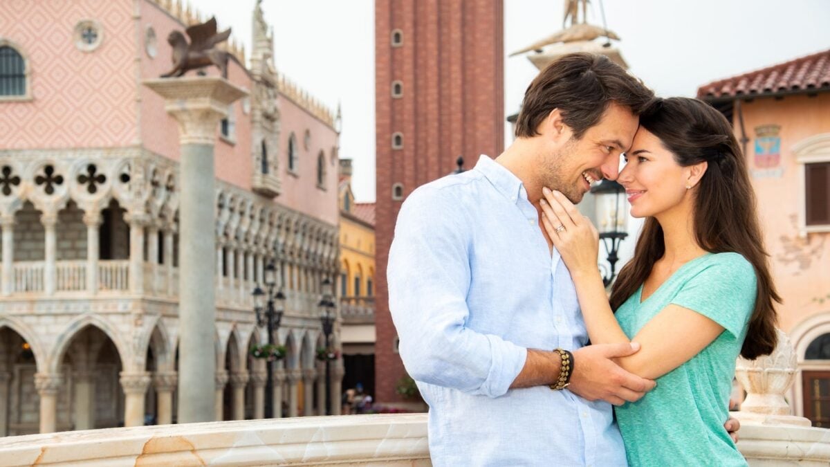 A couple at the Italy Pavilion at EPCOT