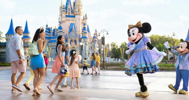 Guests with Mickey and Minnie in front of Cinderella Castle