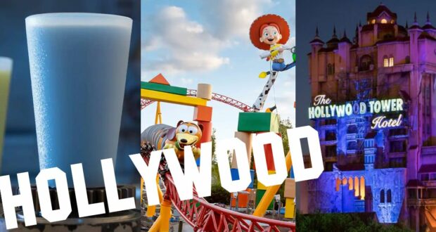 A collage showcasing a vibrant blue drink, the thrilling Toy Story roller coaster with Woody and Jessie, and the Hollywood Tower Hotel aglow at night. The word "HOLLYWOOD" is overlaid in bold white letters, hinting at all the fun Hollywood Studios hacks you need to know!.