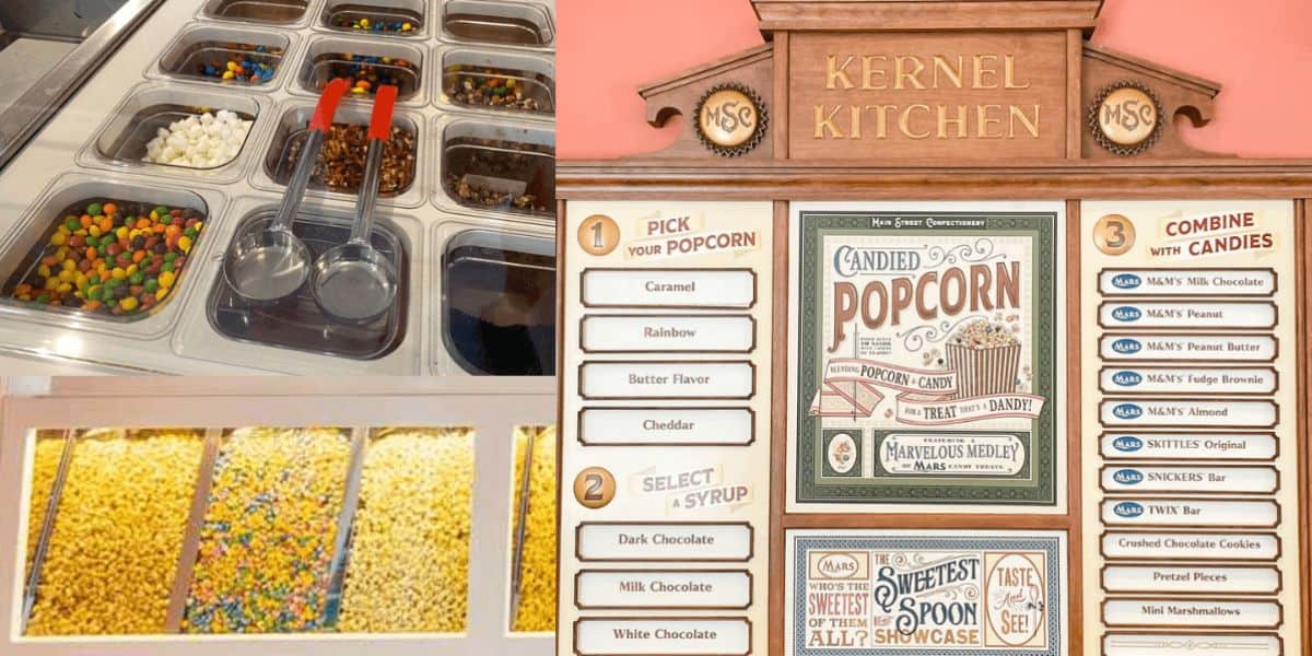 A popcorn and candy station at Disney World features popcorn snacks like caramel and cheddar, syrup options like dark chocolate, and a variety of candies including M&M's and Reese's Pieces. A step-by-step selection guide is displayed on a sign for an enchanting snacking experience.