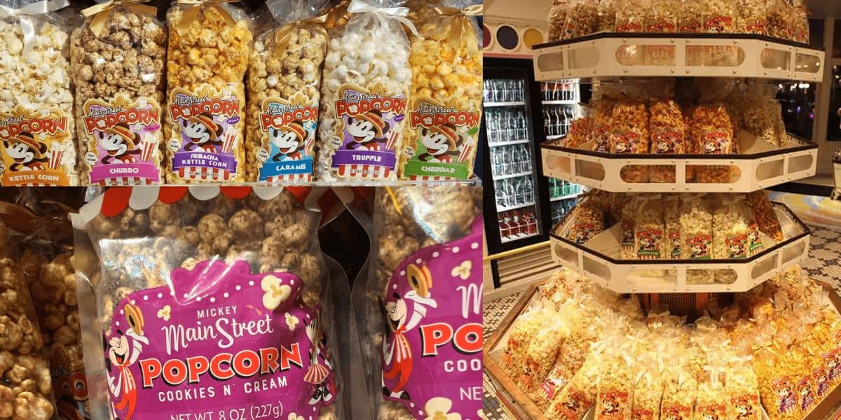 An assortment of popcorn snacks at Disney World displayed on shelves. Various flavors are visible, including kettle corn, cookies 'n cream, caramel, cheddar, and truffle. The bags feature colorful labels and are arranged neatly, creating an enticing snack selection.