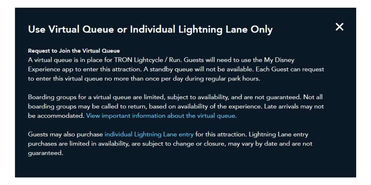 TRON Lightcycle / Run Virtual Queue information panel