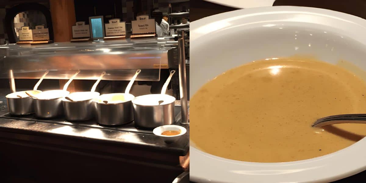 Five silver pots with ladles line a buffet counter at Disney World, each labeled with different sauces or weird soups. To the right, a close-up reveals a bowl of creamy, brown soup with a spoon inside, inviting adventurous tastes.
