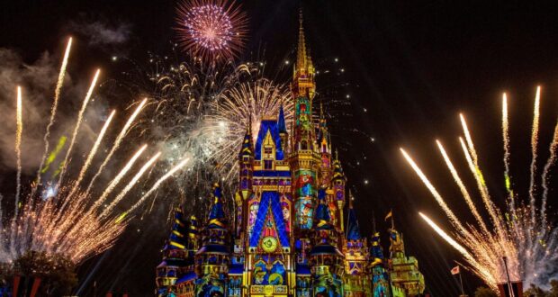 A vibrant fireworks display illuminates the colorful, intricately designed castle at Disney World, with bursts of light in the night sky. The castle features vivid projections and striking architectural details, making it one of the best shows to experience in this magical realm.