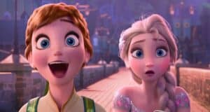 Two animated characters, reminiscent of classic Disney films in theaters, grace the scene with expressive faces. On the left, a character with short light brown hair and freckles beams widely, while on the right, their counterpart with long white hair looks surprised beneath a canopy of flags over a cobblestone path.
