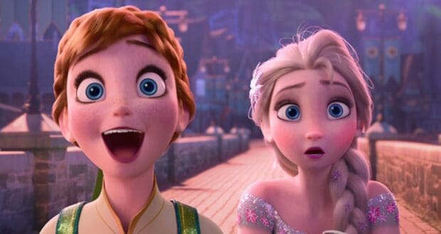 Two animated characters, reminiscent of classic Disney films in theaters, grace the scene with expressive faces. On the left, a character with short light brown hair and freckles beams widely, while on the right, their counterpart with long white hair looks surprised beneath a canopy of flags over a cobblestone path.