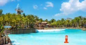 Disney's Water Park offers a tropical oasis with a large wave pool fringed by lush palm trees. A towering water slide stands proudly in the distance, while wooden fences border the area and a red buoy gently bobs in the sparkling waters, enhancing the whimsical ambiance.