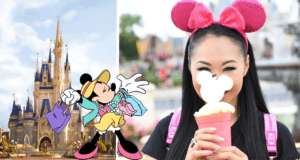 castle left, guest wearing minnie ears right
