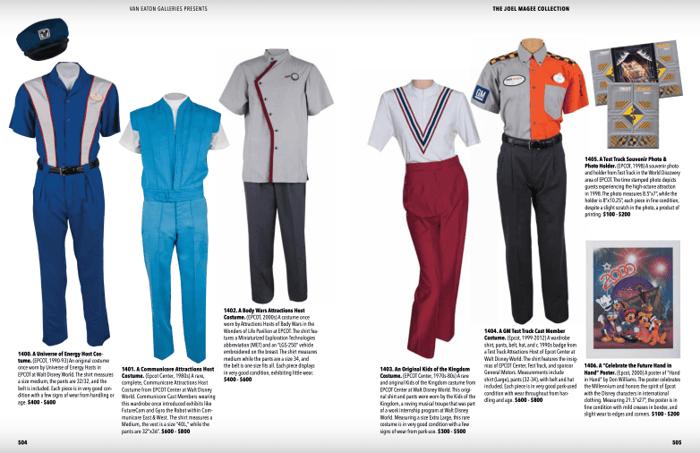 Catalog page of cast member costumes from EPCOT attractions
