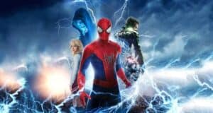 Ad for Spider man 2 showing Electro, the Goblin, Spider man, and Gwen.