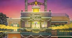 Illustration of Disney Tiana's Palace, a vibrant restaurant with bright lights and ornate details. Tiana stands on the balcony in a green gown, while the sky, a warm gradient from orange to purple, enhances the festive atmosphere.