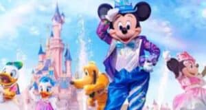 Mickey Mouse in front of Sleeping Beauty Castle at Disneyland Paris