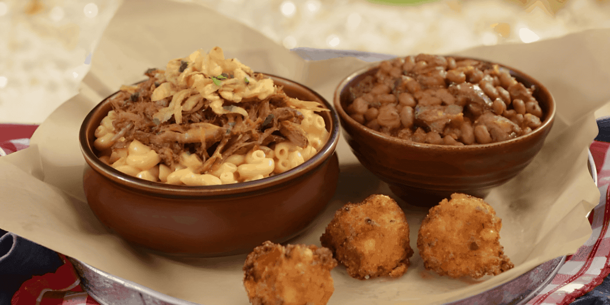 A meal at one of the best dining spots in Disney World consists of a bowl of macaroni and cheese topped with shredded meat and herbs, a bowl of baked beans, and three pieces of fried cheese balls, all served on a tray lined with brown parchment paper.