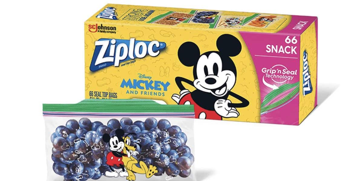 Box of Ziploc snack bags featuring Disney's Mickey Mouse and friends design. Perfect for holding treats like grapes, these bags are an essential for what to pack for Disney World, adding a touch of magic with every snack break at the park.
