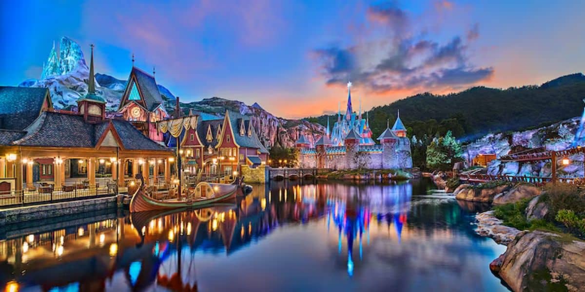 World of Frozen lit up at night at Hong Kong Disneyland